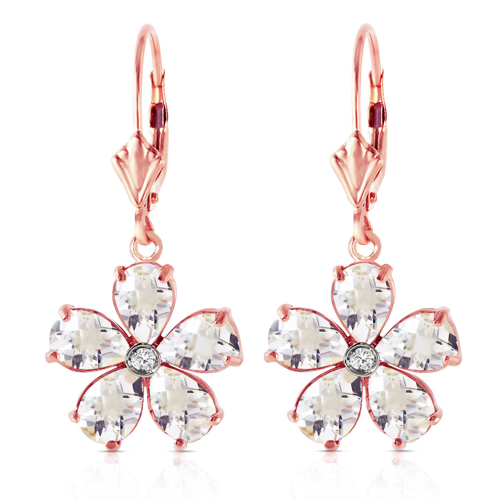 14K.GOLD LEVER BACK EARRING WITH WHITE TOPAZ & DIAMOND (Rose Gold)